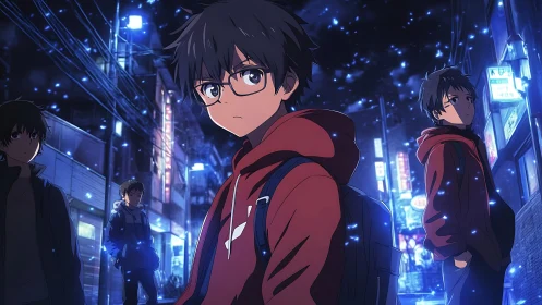 Teen boy walks neon city streets under drifting blue embers