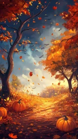 Autumn forest path with pumpkins under evening sky.