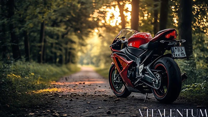 Sunlit red motorcycle waits quietly on a peaceful forest road