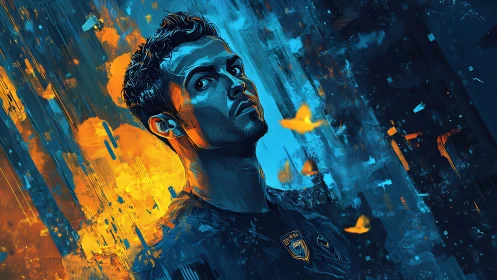 Male figure rendered in blue and orange digital portrait