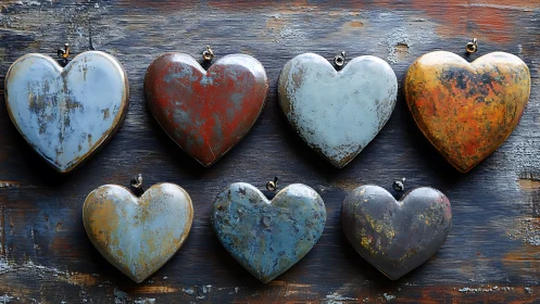 Seven Heart-Shaped Metal Pendants on Weathered Wood.