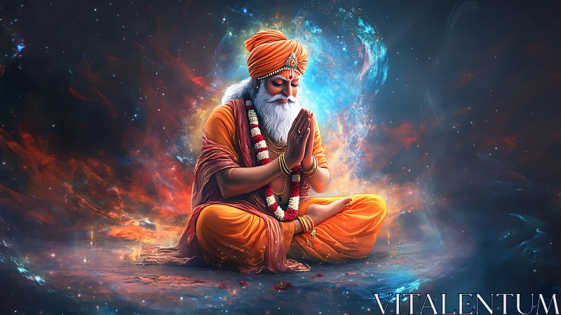 Meditating sage in cosmic vortex rendered as luminous digital painting