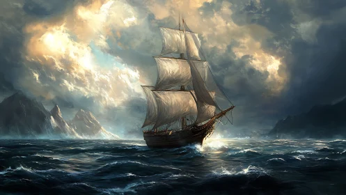 Storm-kissed tall ship chasing light across restless seas.