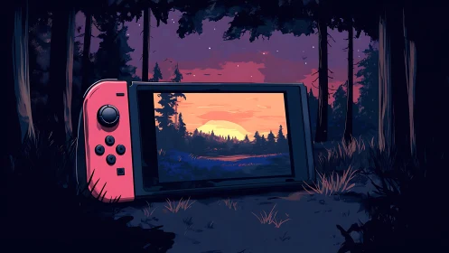 Gaming Console in Forest Twilight with Mountain Sunset Display