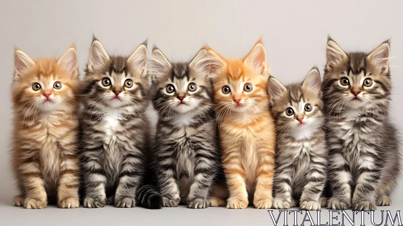 Six Maine Coon Kittens in Studio Portrait with Tabby and Ginger Colorations