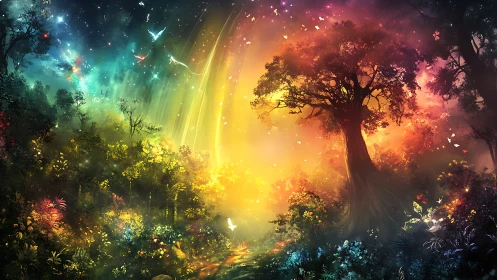 Spectral biome forest under chromatic aurora cascade field.