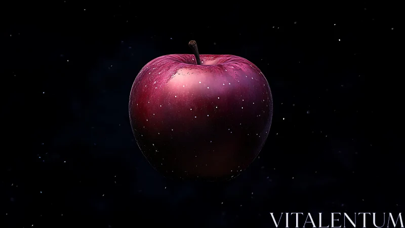 Cosmic levitating red apple with particle field illumination.