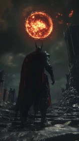 Dread knight beneath a burning blood sun on ruined steps.