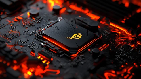 Gaming motherboard chipset with red RGB lighting glow.