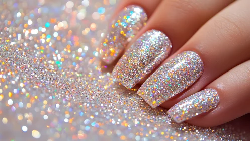 Holographic glitter manicure in macro optical focus field.