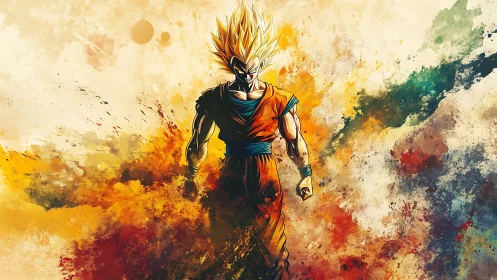 Male fighter in orange suit with abstract energy backdrop.