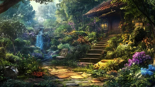 Lush garden cottage with stone path and distant waterfall.