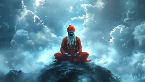 Digital painting of meditating sage amid luminous stormclouds.