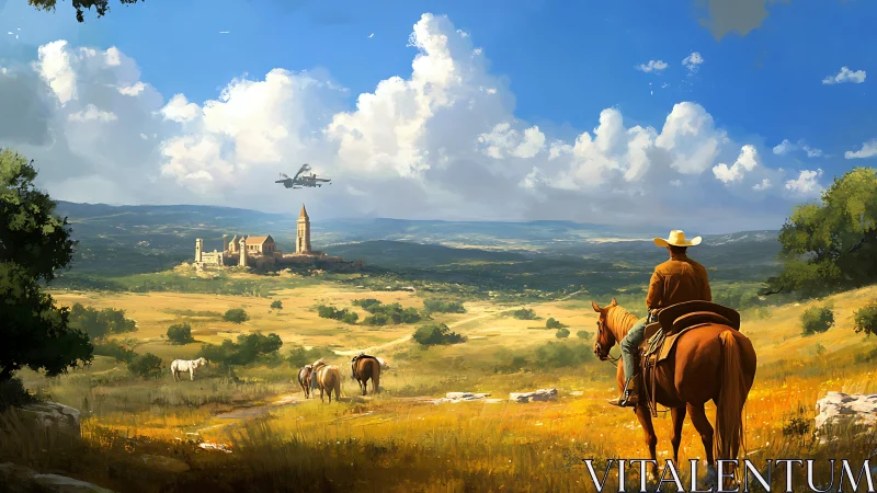 Cowboy watches starship over golden frontier valley.