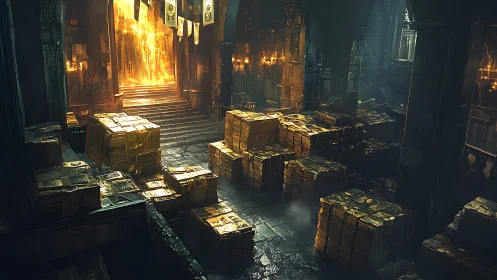 Golden archive hall glowing with mysterious warm light.