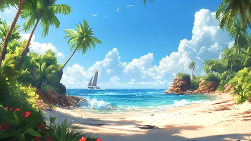 Tropical Paradise Beach with Sailboat and Palm Fringed Cove