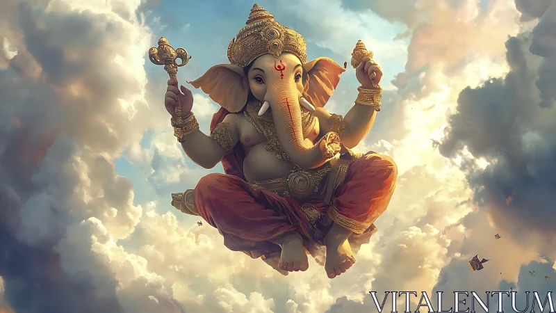 Divine Ganesha in luminous sky with cinematic digital rendering.