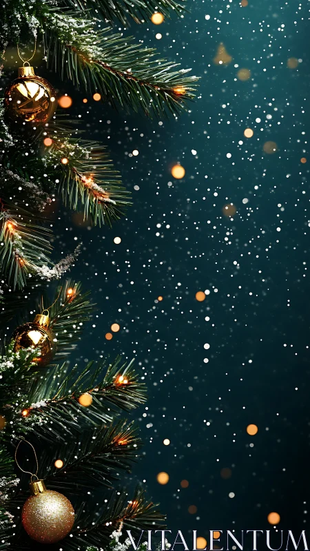 Snow covered fir branches with gold ornaments and bokeh lights.