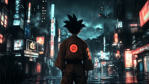 Young warrior gazes over neon city streets in moody rain