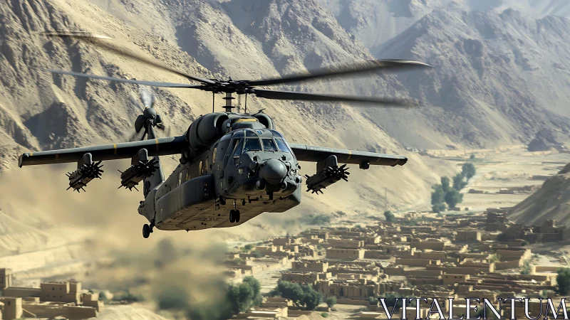 Mountain canyon helicopter sweep above desert village.