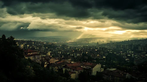 Storm-lit hillside cityscape under brooding emerald skies.