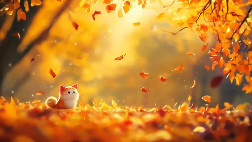 Curious kitten watches golden autumn leaves drift gently
