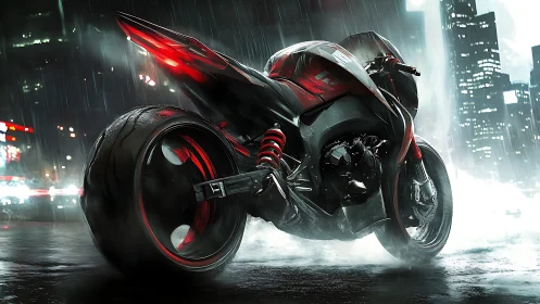 Aerodynamic cyberbike with wide rear tire in rainy neon city