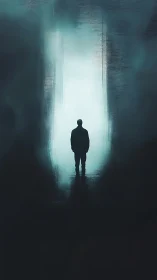 Solitary silhouette standing before luminous corridor.