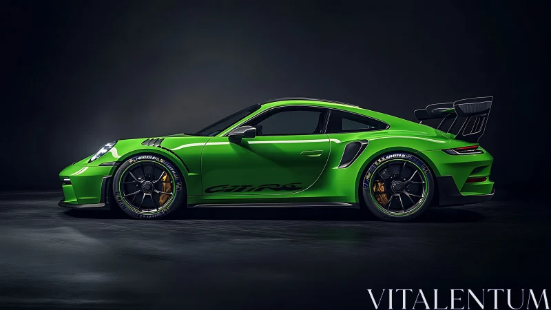 Lime green track car stands poised under dramatic studio light