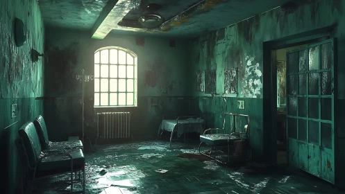 Lingering light spills into a haunting abandoned hospital room
