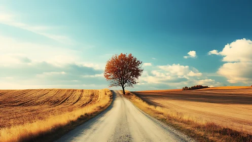 Solitary deciduous tree centering a vanishing-point farm road.