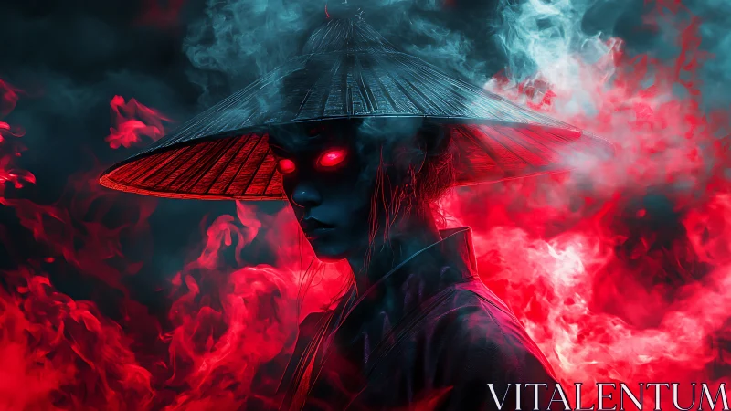Figure with conical hat stands in red and cyan atmospheric smoke
