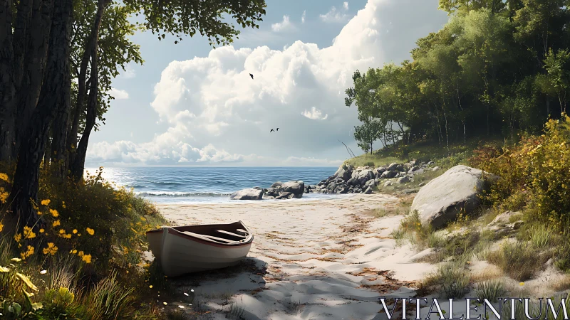 Beached Rowboat Within Littoral Forest Ecosystem With Cumulus Cloud Formation.
