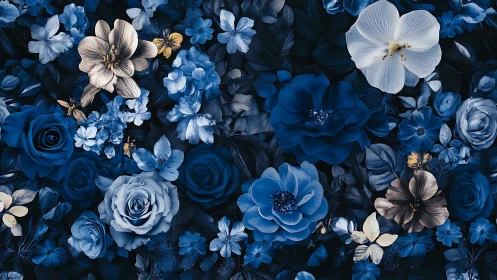 Deep blue floral composition featuring layered roses, peonies, and accent blooms with golden details