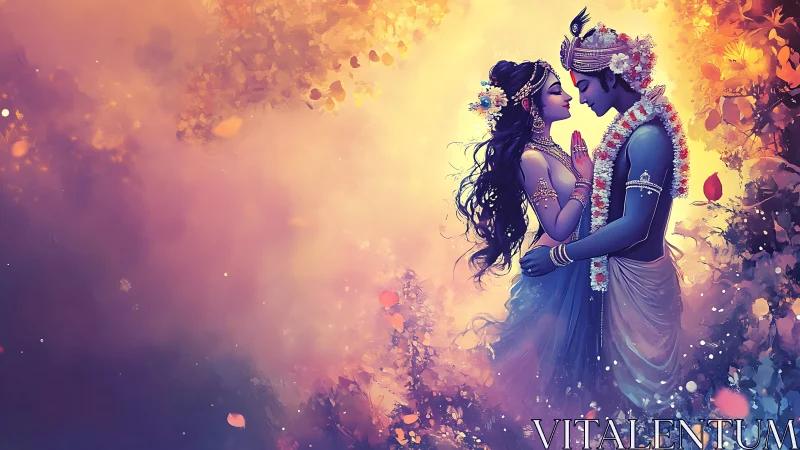 Divine Romance: Blue Deities Embraced in Golden Floral Radiance.