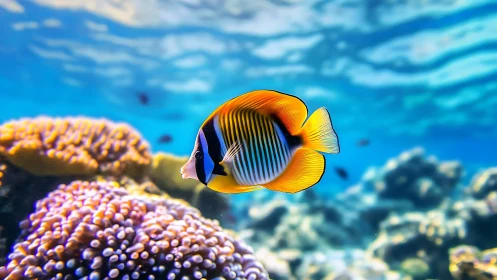 Vibrant tropical reef fish glides through clear blue water