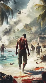 Bloodied figure and undead on tropical shoreline at dusk.