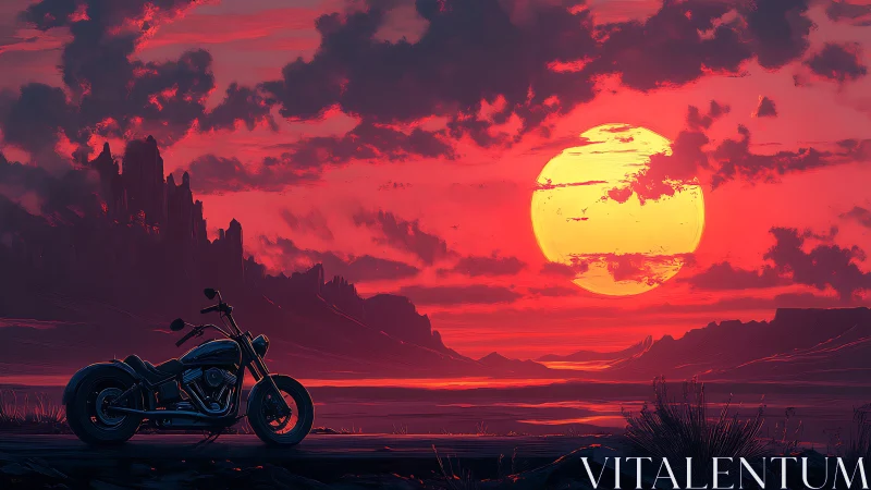 Lone cruiser motorcycle silhouetted against hyper-saturated sunset