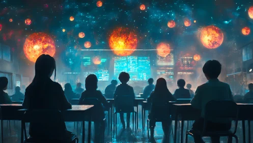 Futuristic classroom silhouettes under luminous cosmic orbs.