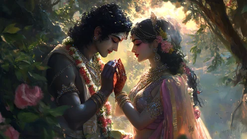 Two jeweled figures embrace beneath luminous canopy in ornate garden setting.