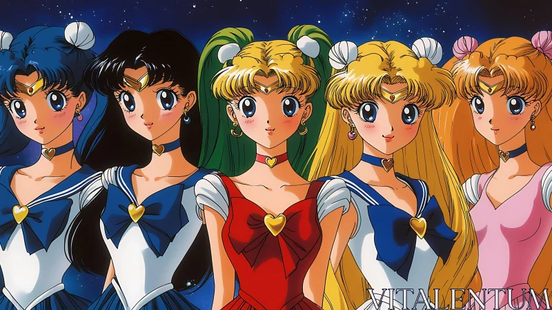 Radiant magical girls united under a sparkling night sky.