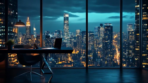 Twilight Manhattan Skyline: Dusk Urban Landscape with Elevated Workspace Silhouette