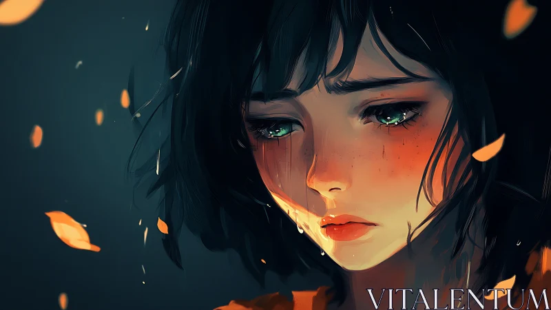 Tearlit girl in ember dusk with autumn sorrow swirling.