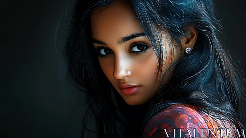 Digital portrait of woman with high-contrast chiaroscuro lighting