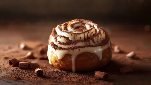 Cinnamon roll with icing and cocoa dust on rustic surface.