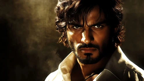 Intense close-up portrait of serious bearded man staring.