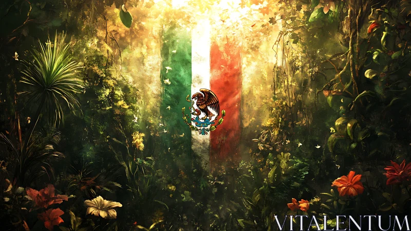 Mexican national flag motif integrated into dense jungle scene.