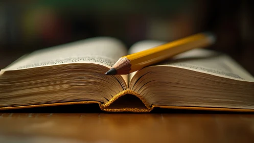 Macro study of open hardcover book with sharpened yellow pencil
