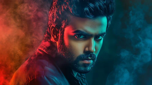 Intense portrait in red and teal cinematic rim lighting.