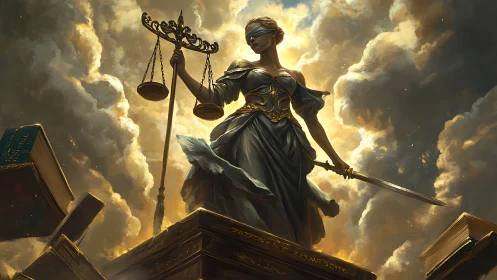 Blindfolded Lady Justice with scales and sword above clouds.